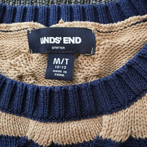 Lands' End Size Medium Tall Crew Neck Stripe Sweater Chunky Blue Tan Fall School - Picture 4 of 8